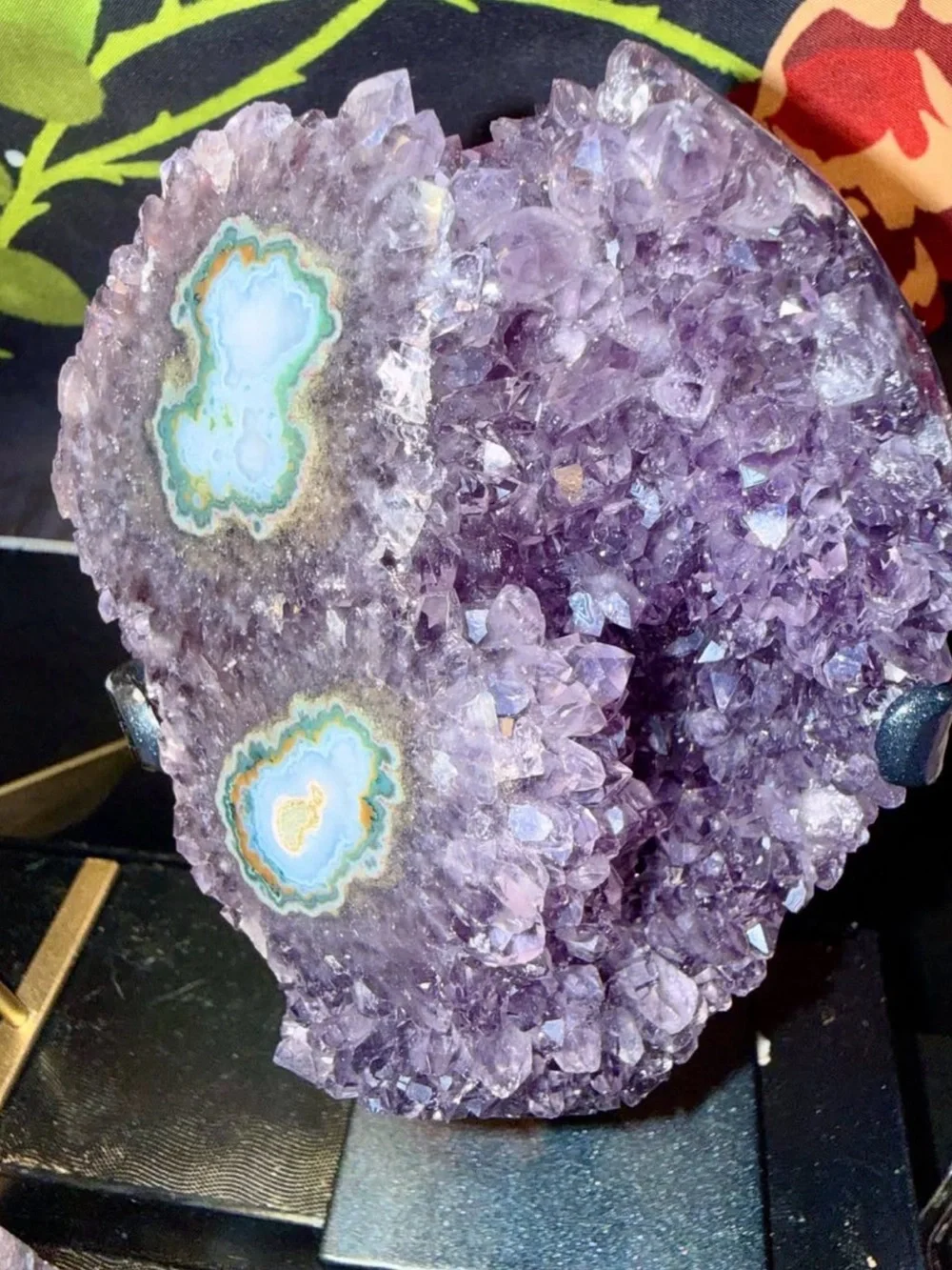 Large Sparkly Uruguayan Amethyst Stalactite Druzy Geode Freeform on Metal Stand